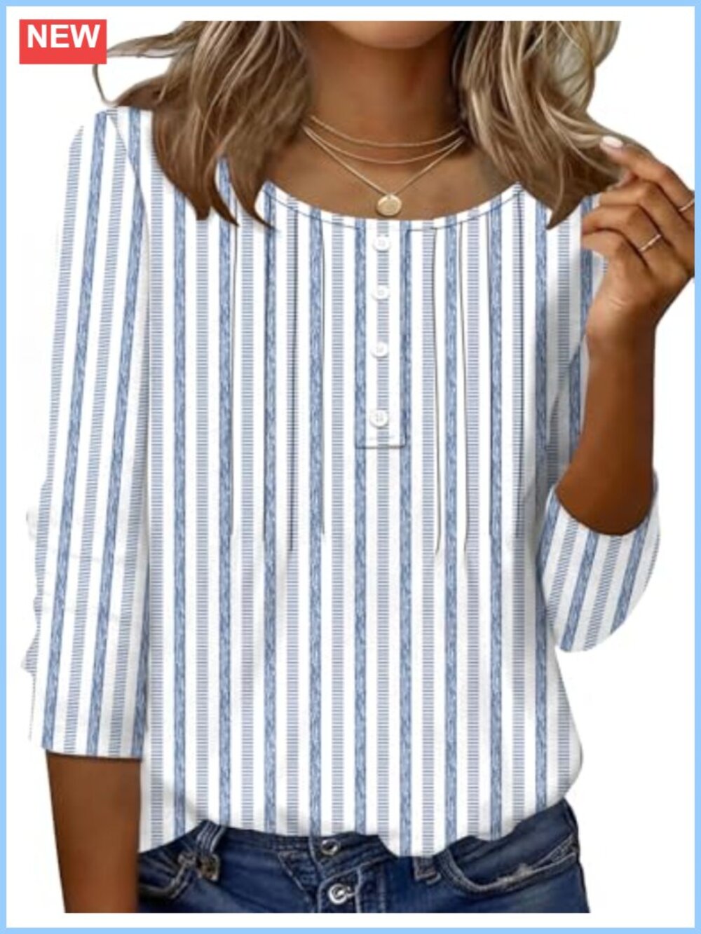 3/4 Sleeve Women's Top Crew Neck Faux Button Pleated Blouse